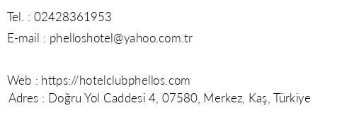Hotel Club Phellos telefon numaralar, faks, e-mail, posta adresi ve iletiim bilgileri